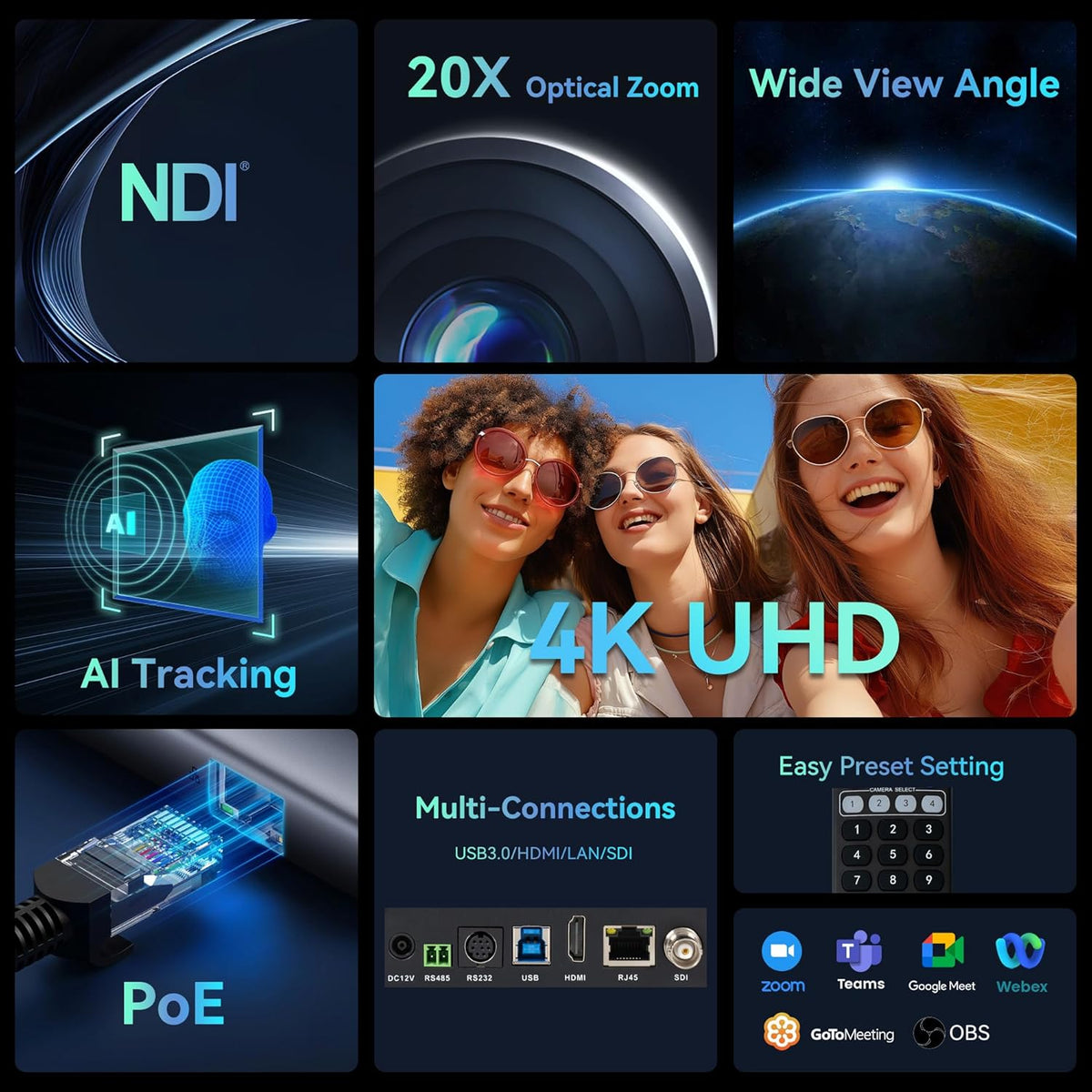 4K NDI PTZ Camera AI Auto-Tracking 20X Optical Zoom HDMI IP Live Streaming SDI USB3.0 PoE LAN Supports for Church Worship Event Video Conference YouTube OBS vMix Zoom Teams and More