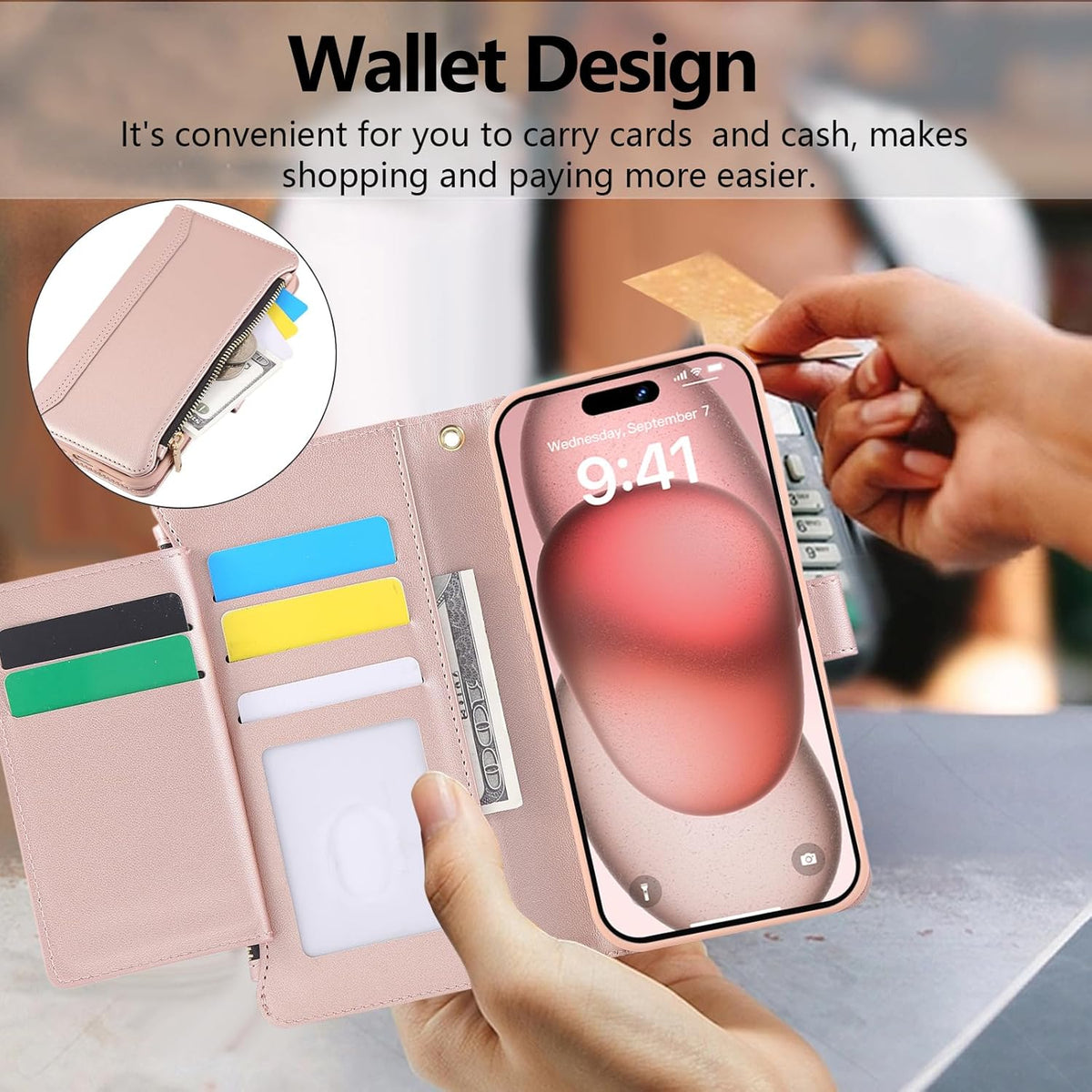 Compatible with iPhone 13/14 Wallet Phone Case-PU Leather Magnetic Flip Cover with Credit Card Slots,Zipper Pocket & Detachable Wrist Strap,Shockproof Design,for Women and Men-Pink