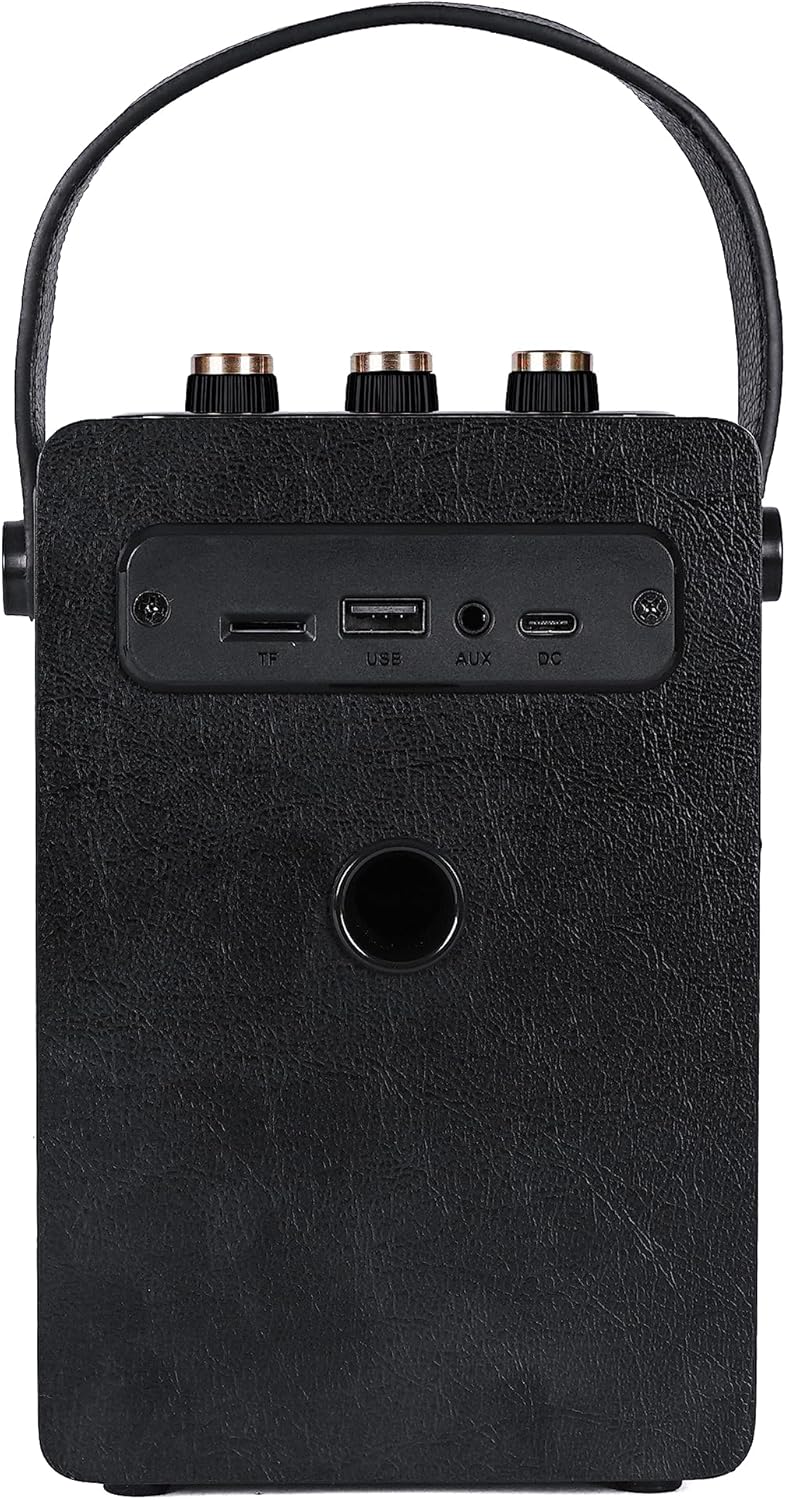 Fuse Andle Vintage Retro Bluetooth Speaker with Vegan Leather Handle | Portable Speaker with Smartphone Connection | USB & AUX Input | Stylish Black Wood Exterior