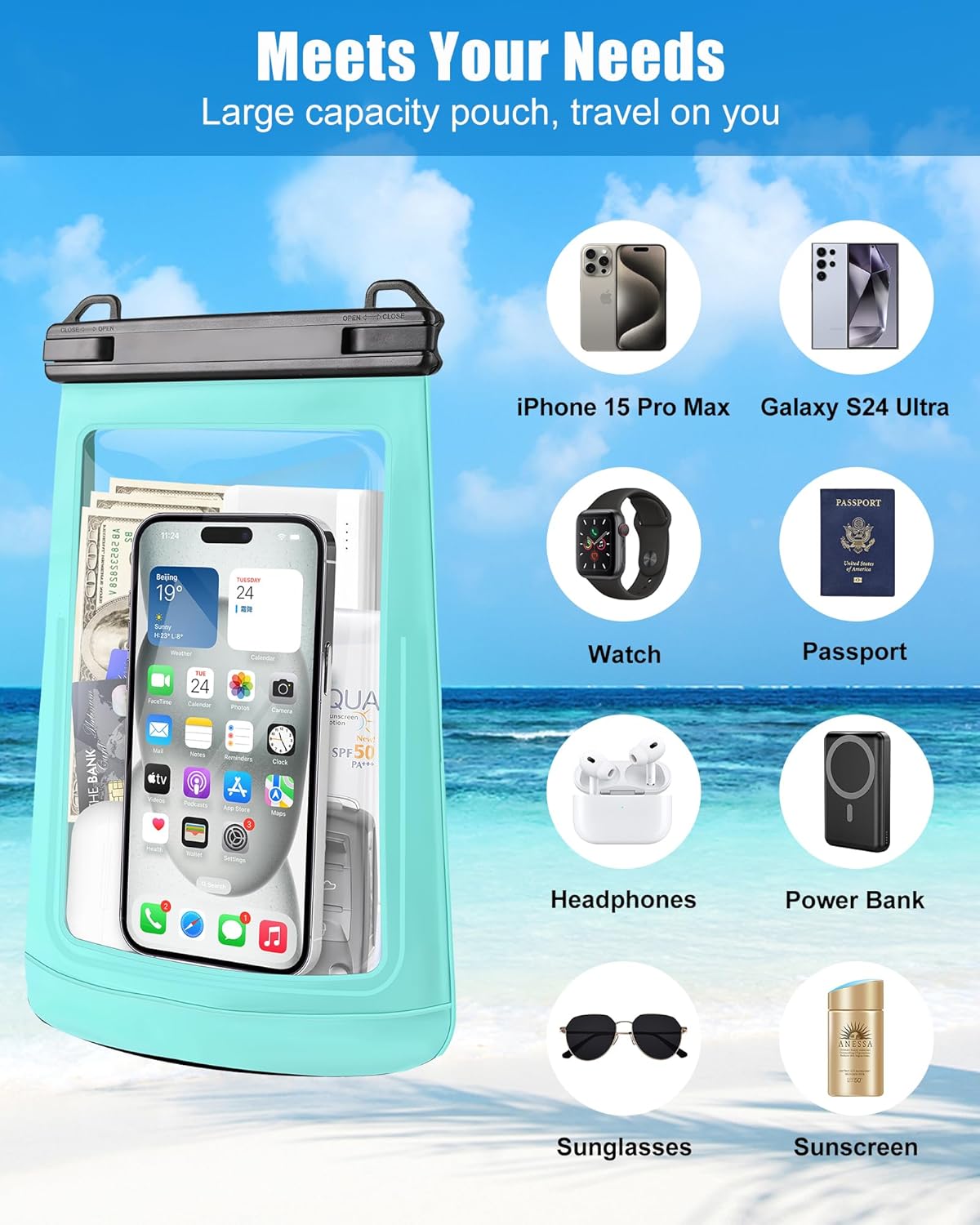 2L Waterproof Phone Pouch for iPhone 16 15 14 11 Pro Max & Galaxy S24 S21 - Floating Large Capacity Dry Bag Stores Sunscreen, Sunglasses - Oversized Waterproof Bag for Beach, Swimming, Kayaking