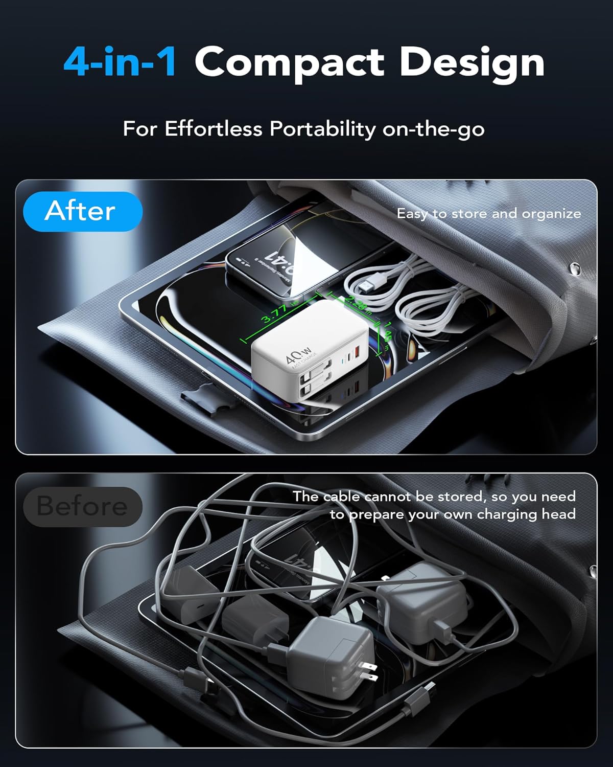 4-in-1 Retractable Gan Wall Charger Plug,Travel Essentials Brick Multiport USB Ports,3ft Lightening and Type C Cables,40W Multi Fast Charging Foldable Block for iPhone 16/15/14/13,iPad,Galaxy,Pixel