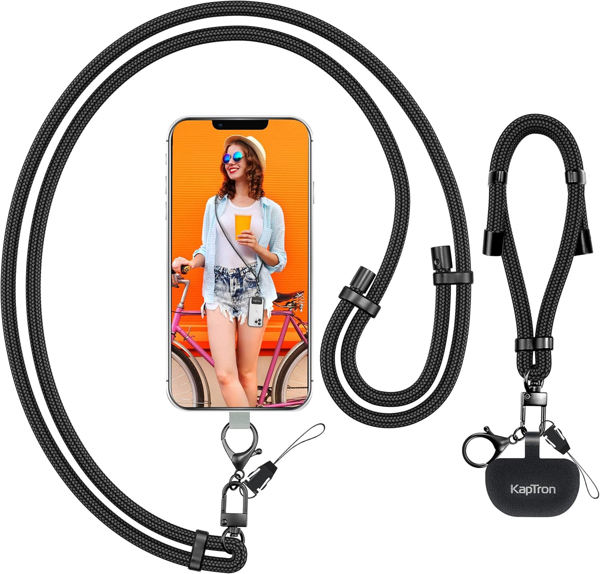 Kaptron Universal Phone Lanyard with Wrist Strap, Adjustable Crossbody Cell Phone Lanyard Neck Strap and Wristlet Strap with 2 Lobster Clips, Phone Tether Patches and Phone Straps (Black, 2 Pack)