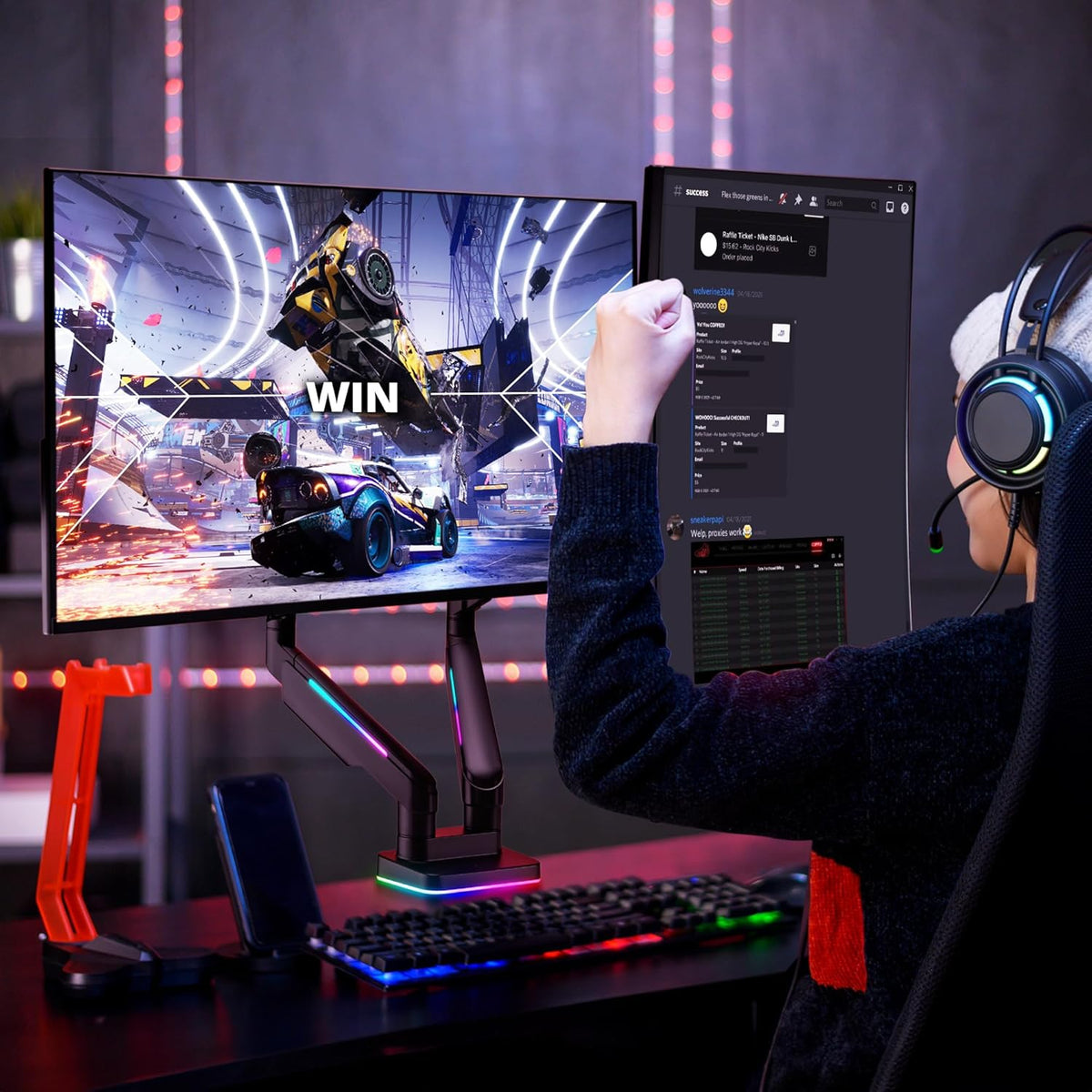AVLT RGB Lights Dual 17”-43” Gaming Monitor Arm Desk Mount, Fits Two Flat/Curved/Ultrawide Screen up to 44lbs(20kg), Height Swivel Tilt Adjustable Stand - Black