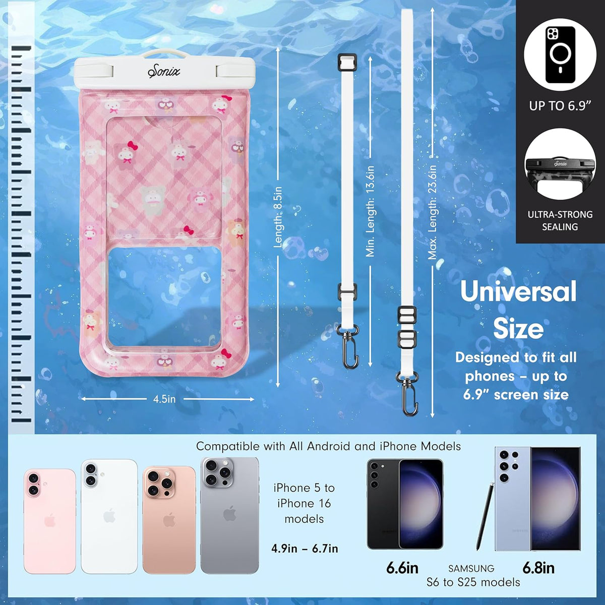 Sonix x Sanrio Waterproof Phone Pouch - Floating Phone Case Dry Bag w/Crossbody Lanyard - Beach Cruise Travel Essentials - Compatible w/All Devices, Touchscreen Friendly | Hello Kitty Latte Bears
