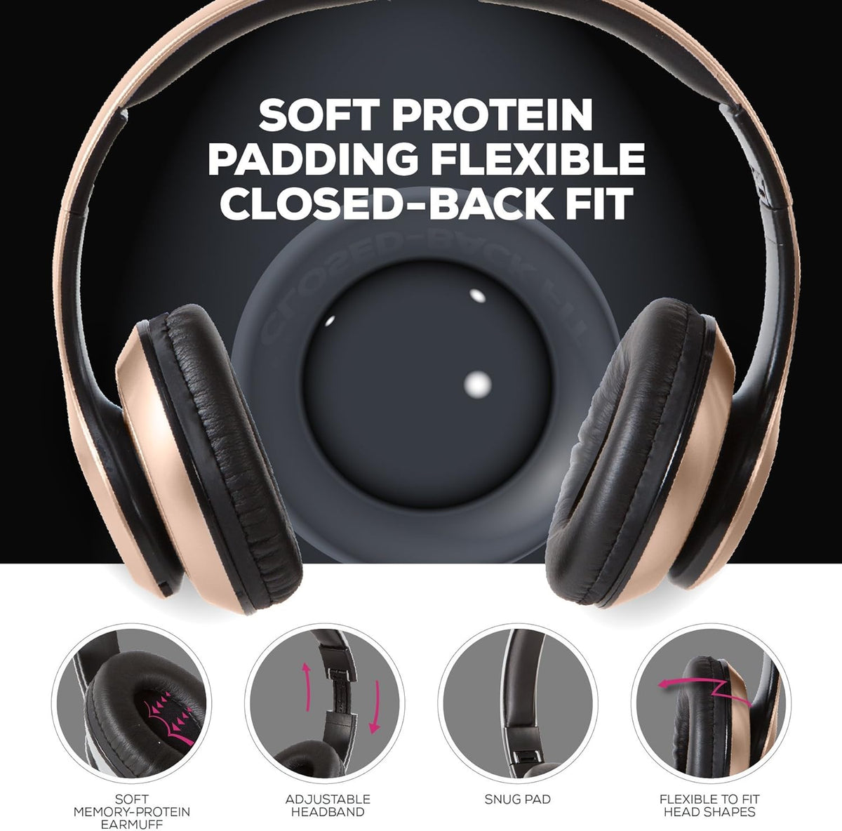 iJoy Bluetooth Headphones Over Ear, Wireless and Wired Foldable Headset Built-in Microphone, FM, Micro SD Card Slot - (Gold) Adults Kids Men Women