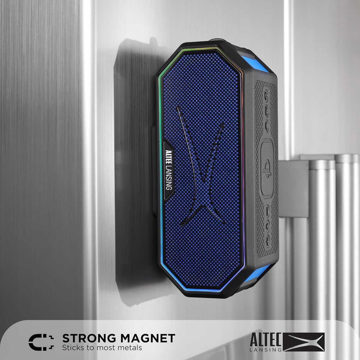 Altec Lansing Loud Portable Speakers Bluetooth Wireless Waterproof - MultiColor LED, 20 Hour Playtime, Mount Included | HydraBLAST 2.0 Magnetic Bluetooth Speaker for Travel, Home and Outdoor Adventure