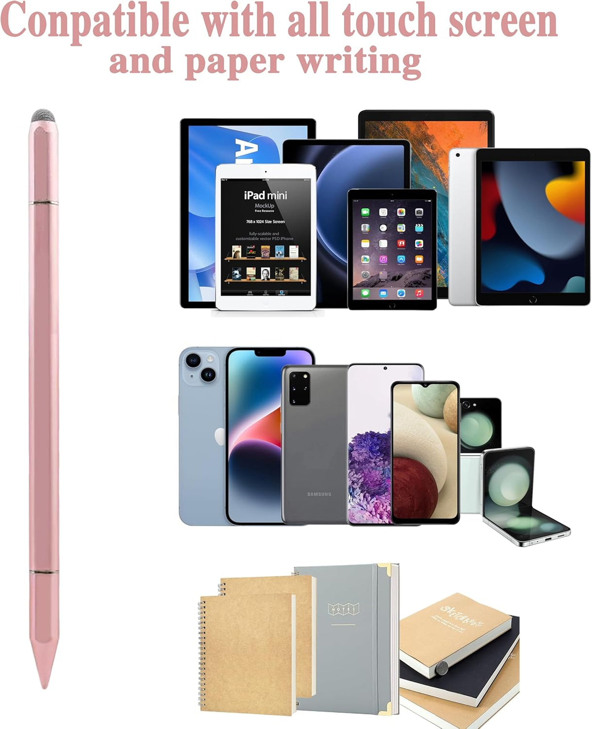 3 in 1 Universal Stylus Pen for Touchscreen,High Sensitivity & Precision Capacitive Stylus Pen for iPad Suitable for All Touch Screens of iPhone/iPad/Android/Samsung Galaxy/Tablets-Pink