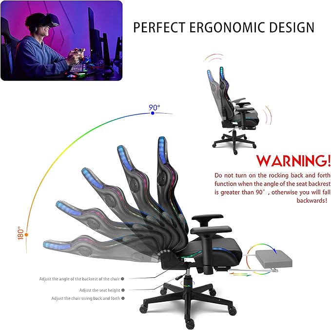 TBQATNTS Gaming Chair Computer Chair with Footrest and Lumbar SupportRGB Computer Chair with Massage Function and SpeakersHeight Adjustable Game Chair for Office or GamingRed