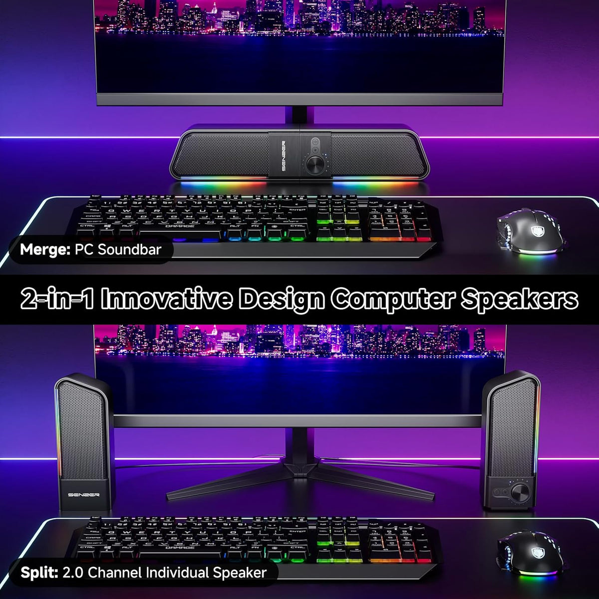 SENZER CS20 2 in 1 Bluetooth Computer Speakers for Desktop, USB Plug & Play Clear Sound PC Speakers with RGB Light, Monitor Sound Bar with Volume Knob, Gaming Speaker for PC Laptop Phone Tablet