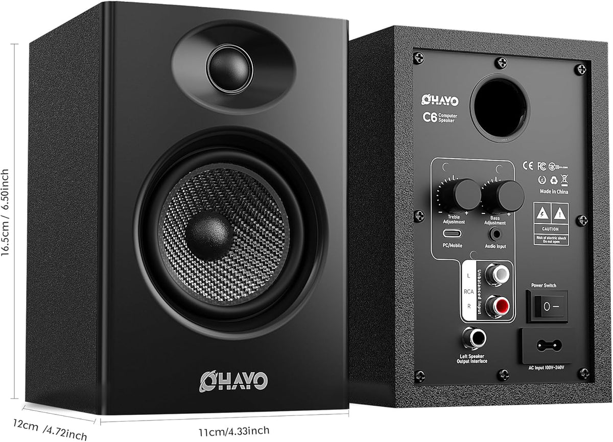 OHAYO 60W Computer Speakers for Music and Gaming, Active Bluetooth 5.3, Stereo 2.0 Speakers for Desktop PC or Laptop, 3.5mm Aux RCA Input, USB-Powered, 1 Pair, Black