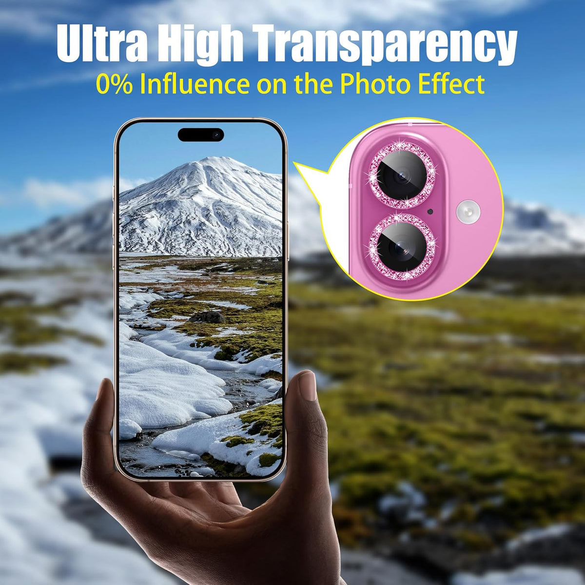 AGVEE 3+3 6 Pack for iPhone 16 6.1" / 16 Plus 6.7" Camera Lens Cover Protector, Bling Glitter & CD-Textured Metal Ring 9H Tempered HD Glass Camera Cover Protector Film, Glitter-Rose
