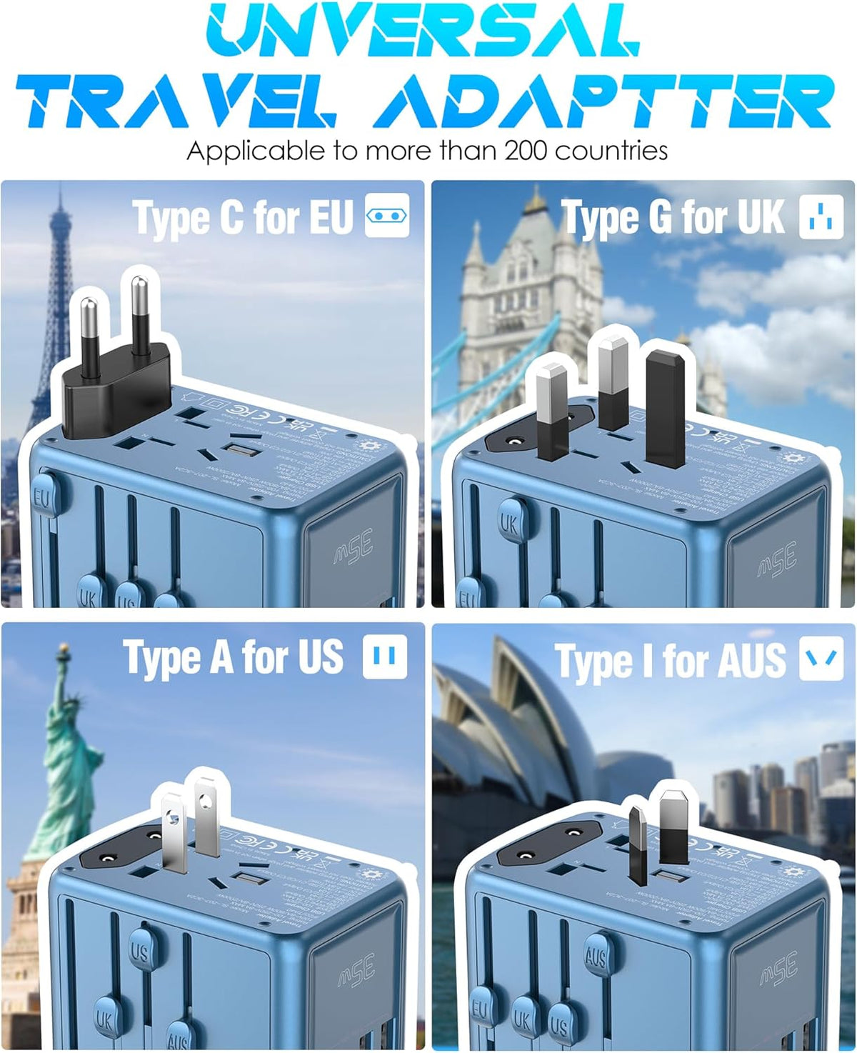 35W PD Universal Travel Adapter Fast Charging Offers 3X2.4A USB-A Ports, 2X USB-C Ports and Multi AC Outlet, International Plug Converter Worldwide Travel Charger All in One for EU US UK AUS