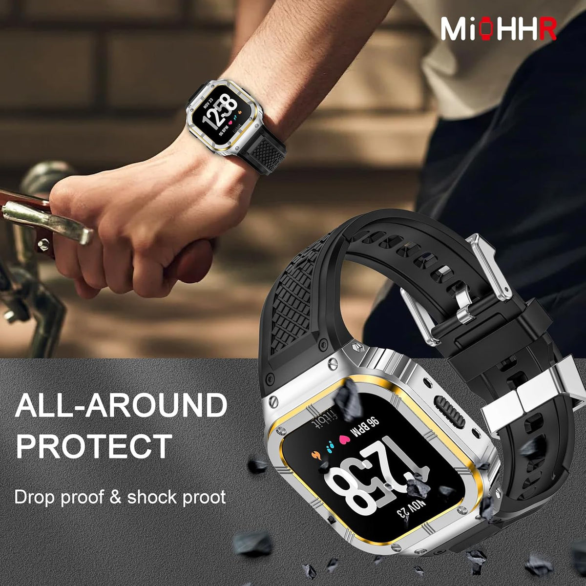 MioHHR Stainless Steel Case and Band Compatible with Fitbit Versa 4/3/2/Lite/Sense/Sense 2 Bands with Metal Case, Rugged Sports Protector Cover Silicone Wristbands for Men, Silver/Gold