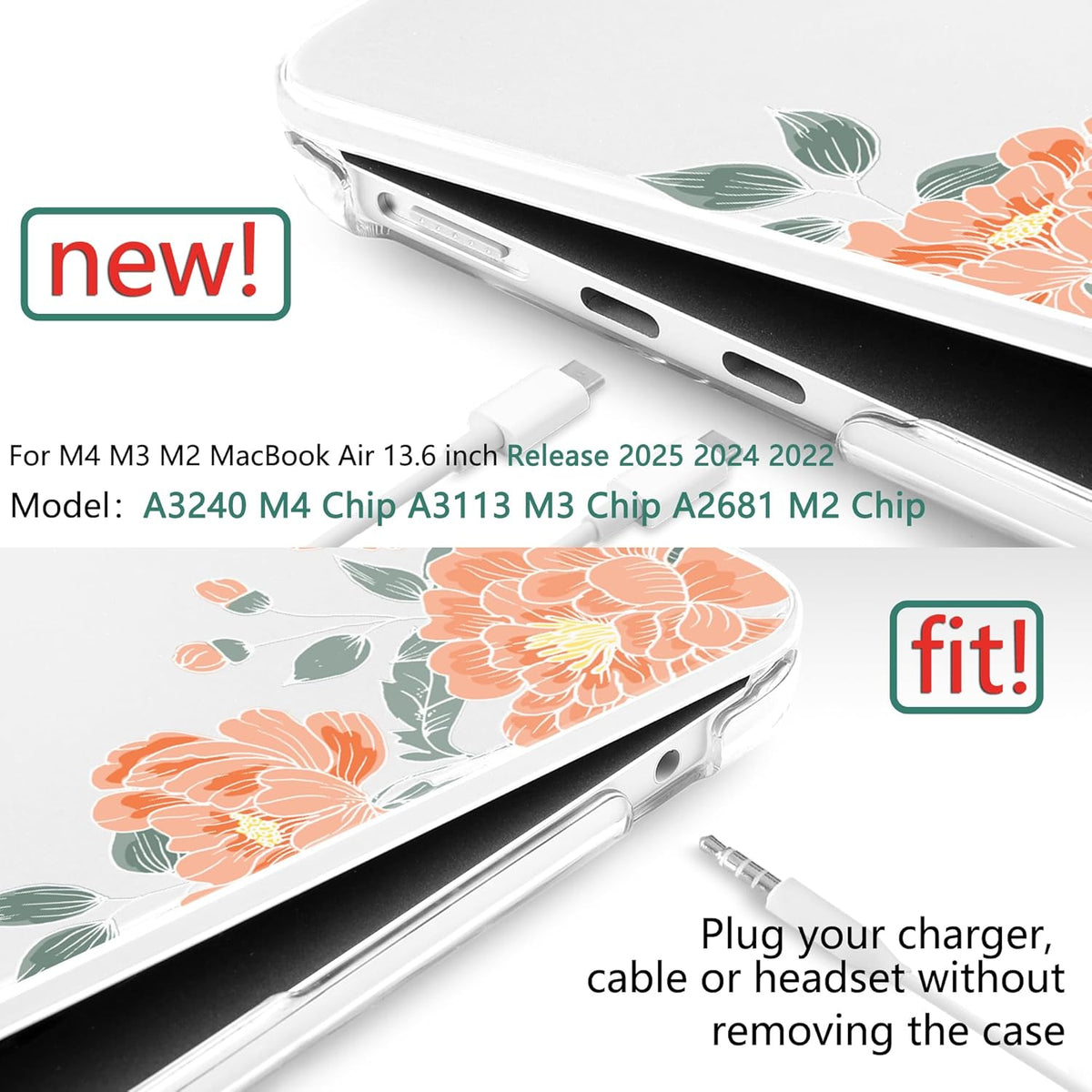TWOLSKOO Compatible with M4 MacBook Air 13.6 inch Case 2025-2022 Release M4 A3240 M3 A3113 M2 A2681, Plastic Hard Shell & Keyboard Cover & Type C Adapter & Screen Protector, Vintage Roses