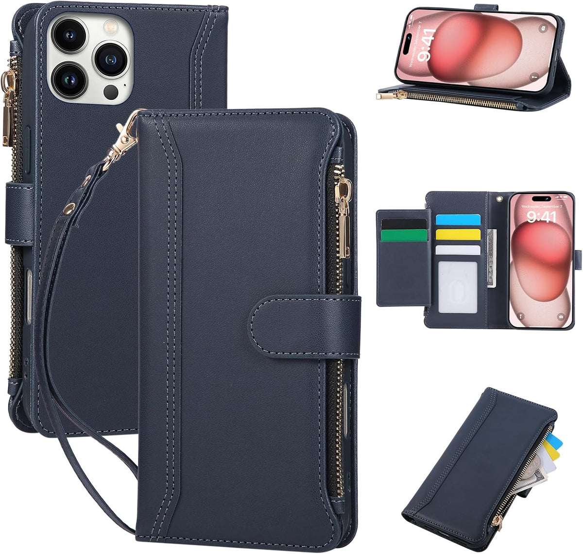 Compatible with iPhone 16 Pro Wallet Phone Case-PU Leather Magnetic Flip Cover with Credit Card Slots,Zipper Pocket & Detachable Wrist Strap,Shockproof Design,for Women and Men-Navy Blue
