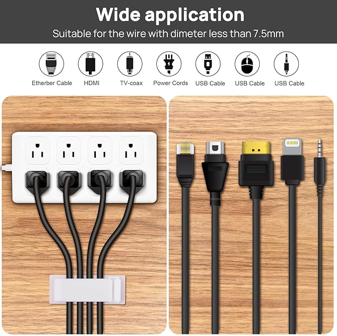 Cable Management Clips, 20Pcs Cable Organizers Wire Clips Cord Holder for TV PC Ethernet Cable Desk Home Office (White)