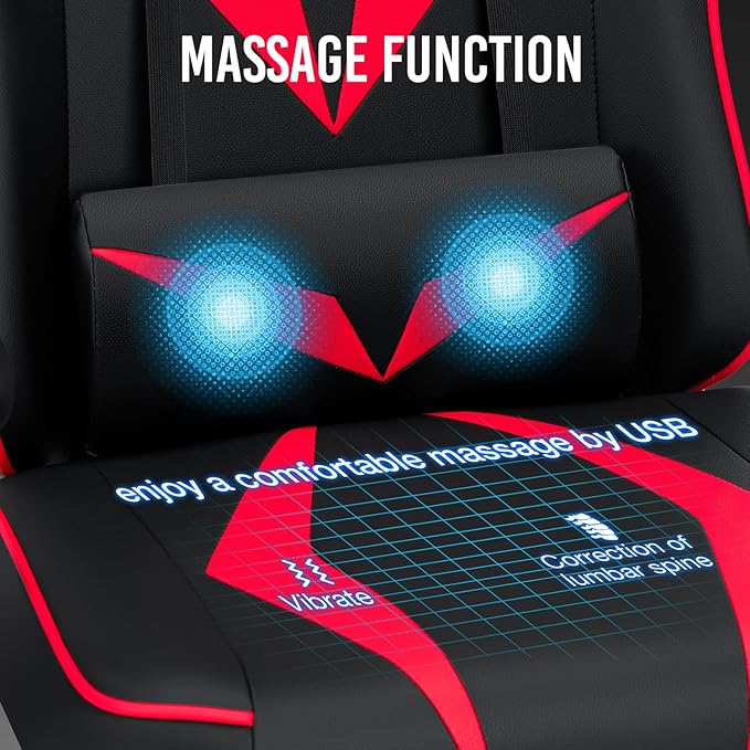 HOFFREE Massage Gaming Chair with Pocket Spring Cushion 155° Reclining Computer Gamer Chair with Footrest and Adjustable Armrests Ergonomic Video Game Chairs Red and Black