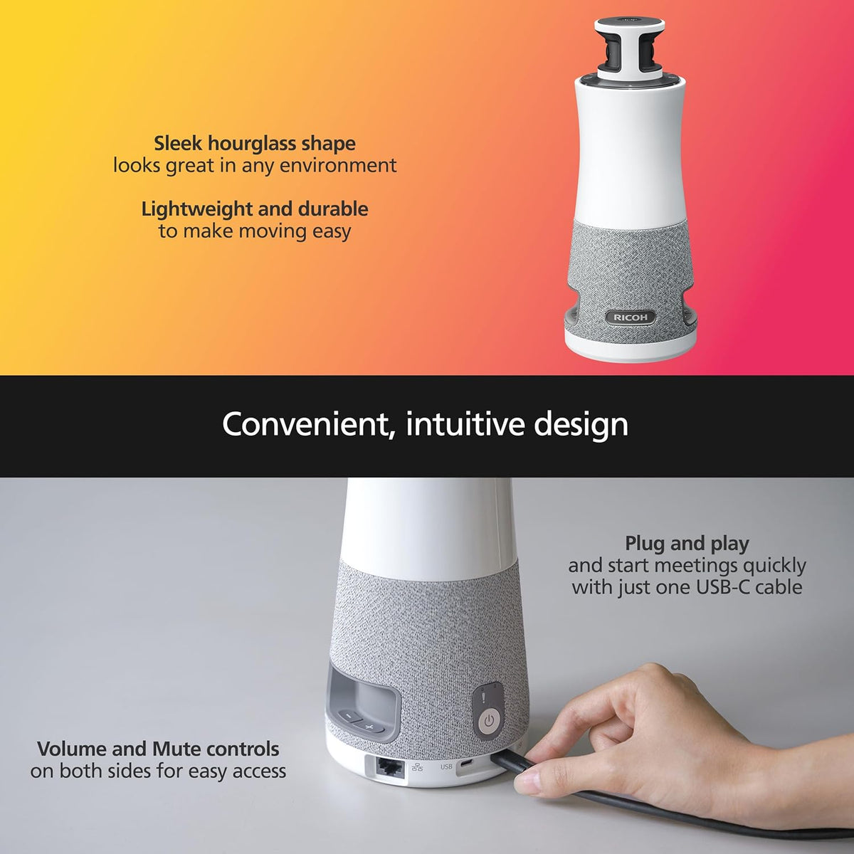 RICOH Meeting 360 | 360° Conference Room Camera - AI-Powered - Active Speaker Focus - Plug and Play - Zoom Certified - Works with Microsoft Teams, Google Meet, Cisco Webex