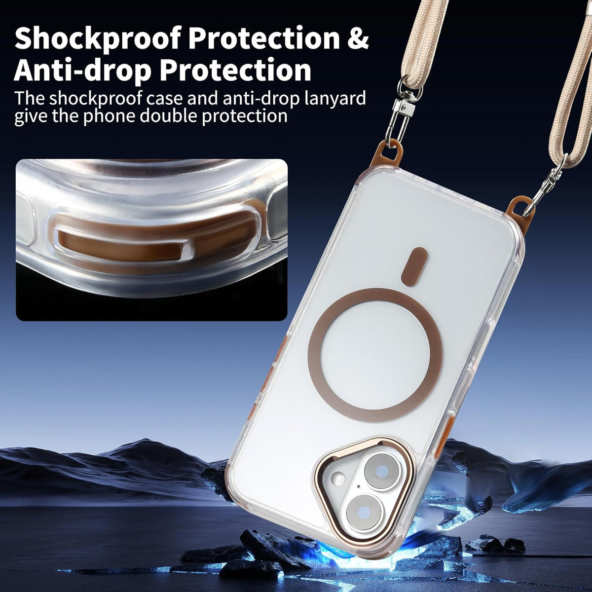 for iPhone 16 Case with 62.99 inch Lanyard, Classic Clear&Brown Magnetic Phone Case, Drop&Shockproof Protection Cases, Phone Lanyard for Around The Neck, Compatible with Magnet Accessory