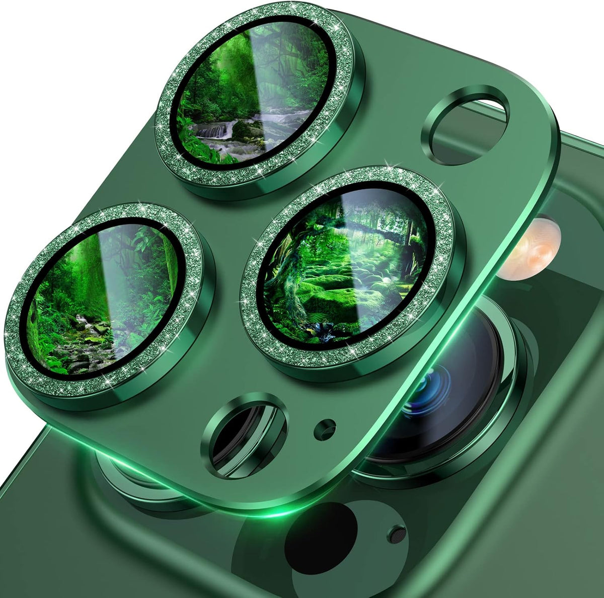 UniqueMe for iPhone 13 Pro/iPhone 13 Pro Max Camera Lens Protector, [Strong Drop Protection] [Not Easy to Fall-off] Metal Ring Tempered Glass Rear Camera Screen Cover - Alpine Green (Bling Circle)