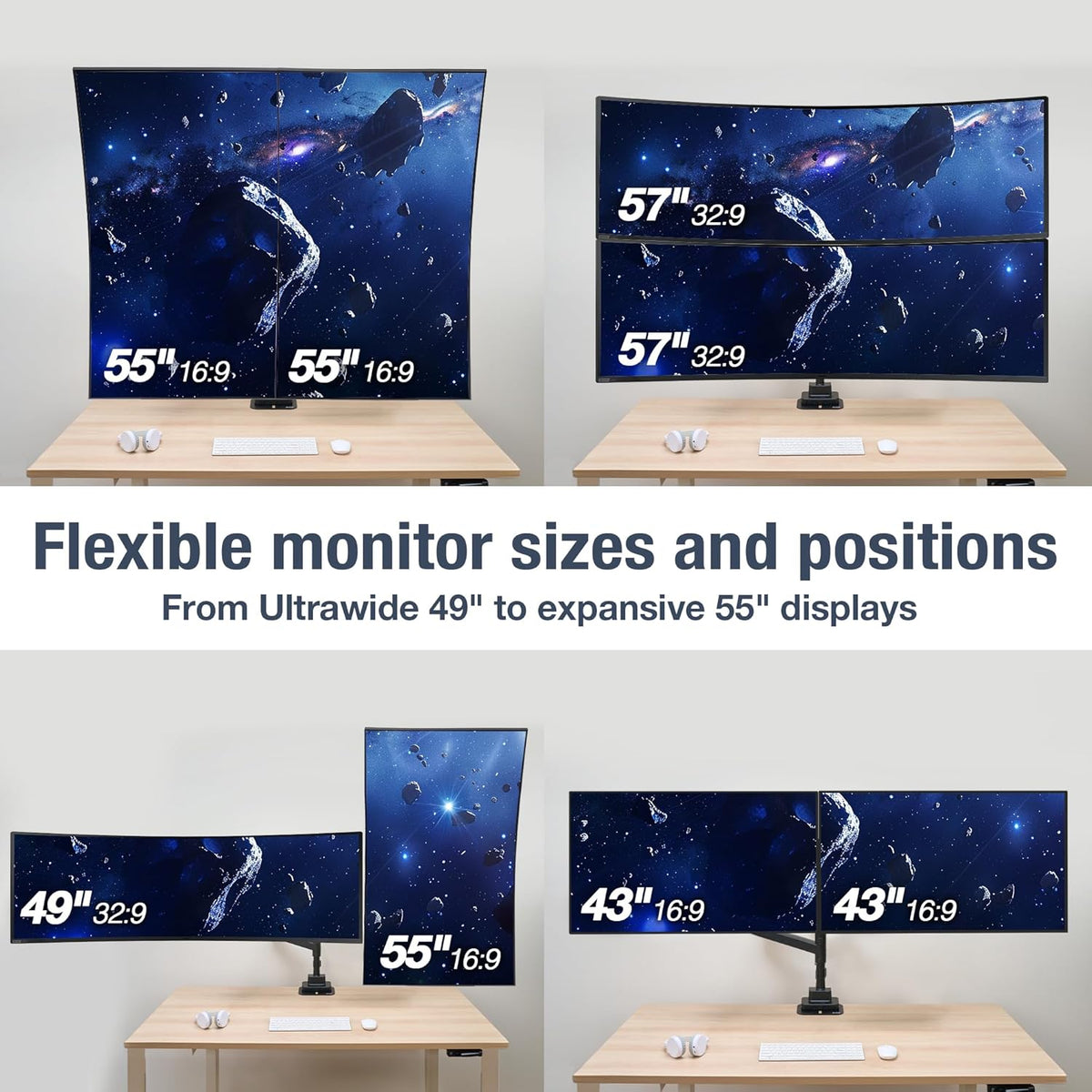 AVLT Dual 57 Inch Heavy Duty Stacking Monitor Arm Pole Top Mount With USB-C USB-A Ports-Black, Height Adjustable, Easy Install Top C-Clamp/Grommet With Reinforcement Plates, VESA Compatible 200/100/75