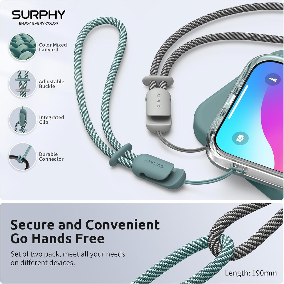 SURPHY 2 Pack Phone Lanyard for Cellphone Case, Phone Wrist Strap for Case, Cellphone Strap with 2-Color Braided, Charm Wrist Lanyard for Women and Men, Green & Gray
