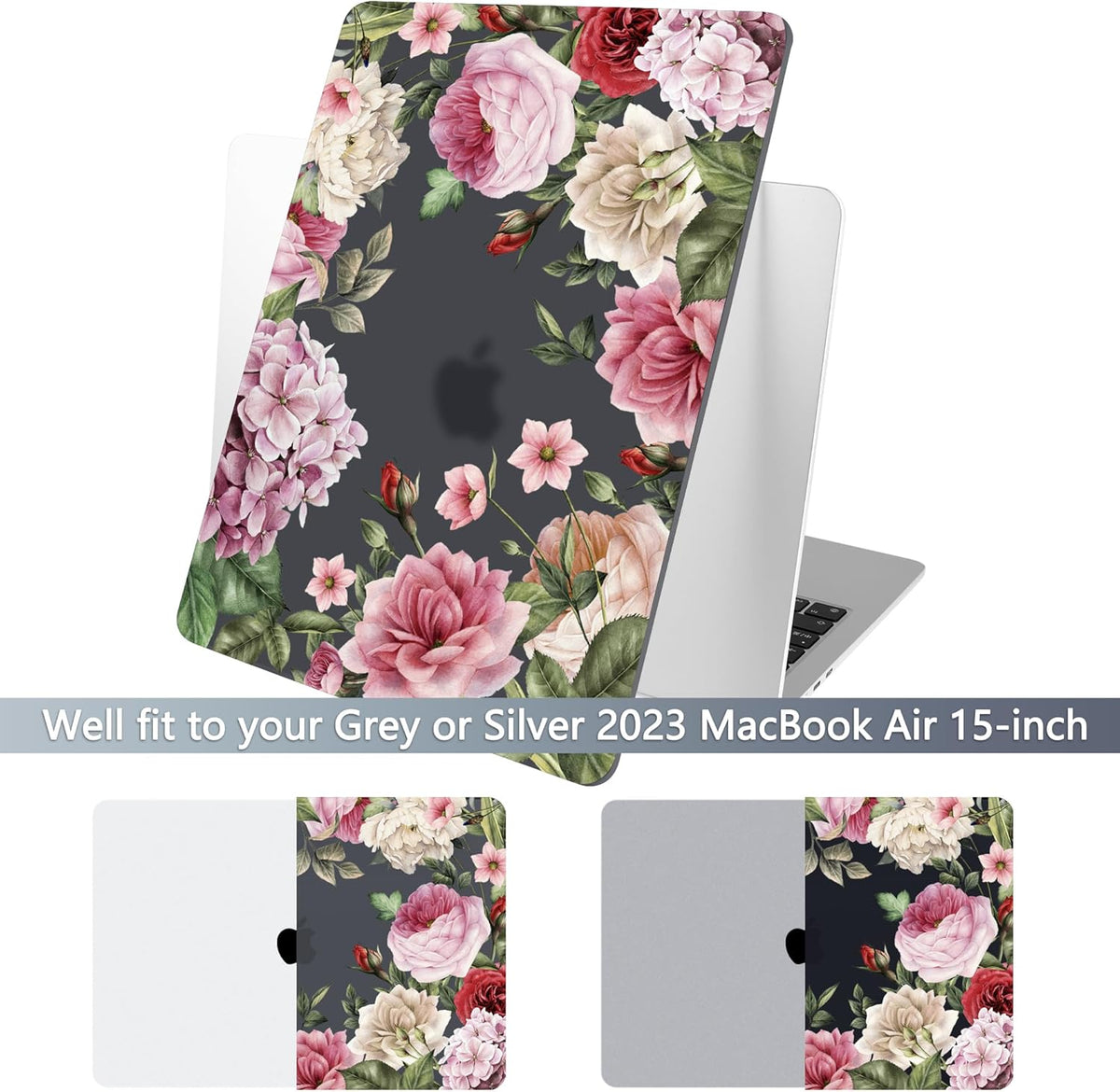 Batianda Premium Case for New MacBook Air 15 inch 2025 M4 2024 2023 with M3 M2 Chip Model A3241/A3114/A2941, Designed Protective Plastic Hardshell & Keyboard Cover & Screen Protector, Peony