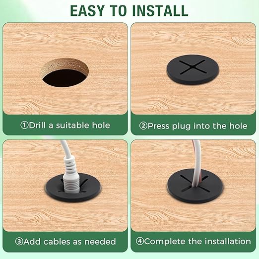EASYEAH 10Pcs Desk Grommet, 1" (25mm) Black Silicone Cord Hole Cover, Flexible Rubber Wire Grommets, Wall Grommets for Cables Management, Table, Countertop, Cabinets and Furnitures Wire Organizer