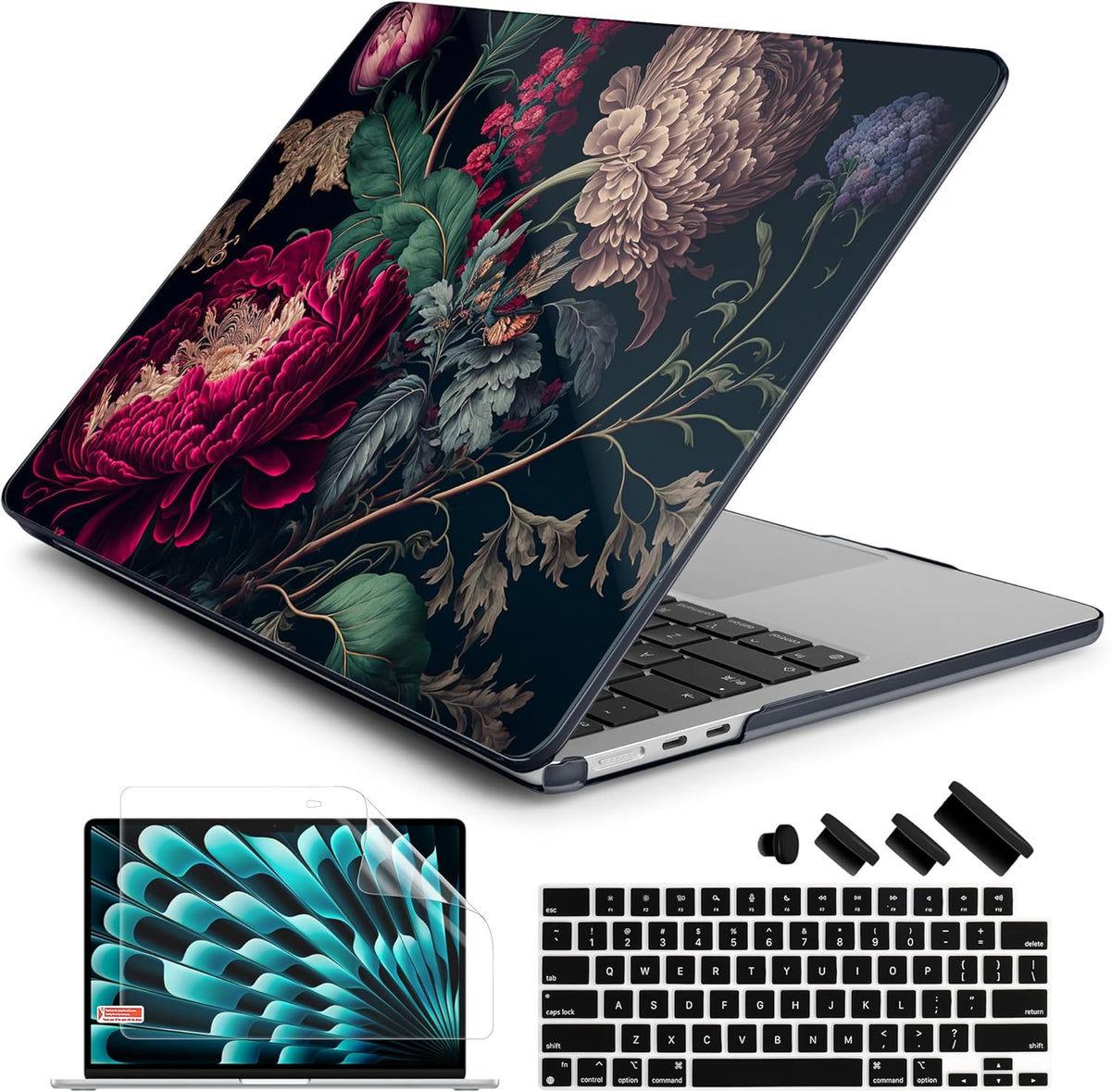 Batianda Premium Case for New MacBook Air 15 inch 2025 2024 2023 with M4 M3 M2 Chip, Designed Black Protective Plastic Hardshell & Keyboard Cover & Screen Protector, Vintage Flower