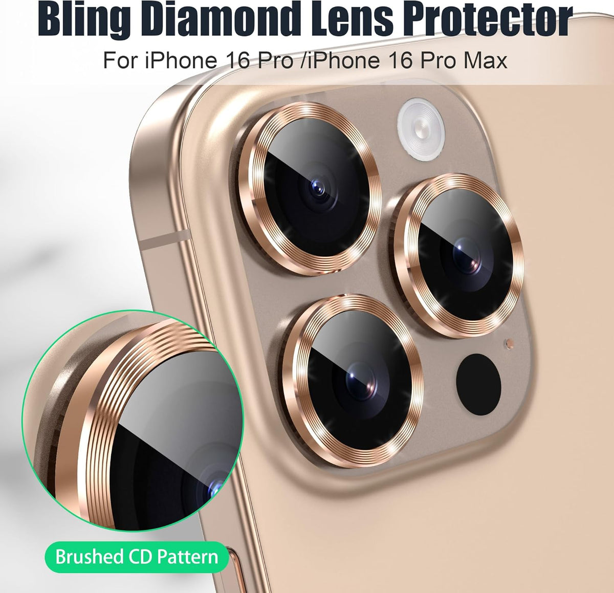 AGVEE 3+3 6 Pack for iPhone 16 Pro 6.3" / 16 Pro Max 6.9" Camera Lens Cover Protector, Bling Glitter & CD-Textured Metal Ring 9H Tempered HD Glass Camera Cover Protector Film, Glitter-Desert