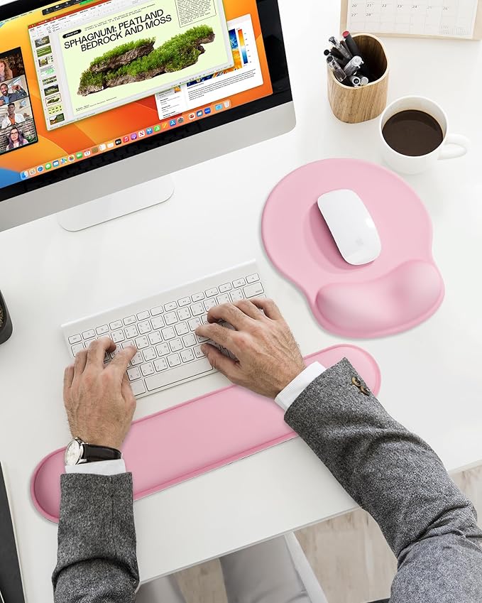 Laborio Ergonomic Mouse Pad Wrist Support Set, Memory Foam Keyboard Wrist Rest Set, Relieve Wrist Pain Keyboard Pad, Non-Slip Base Mousepad(Pink Set)