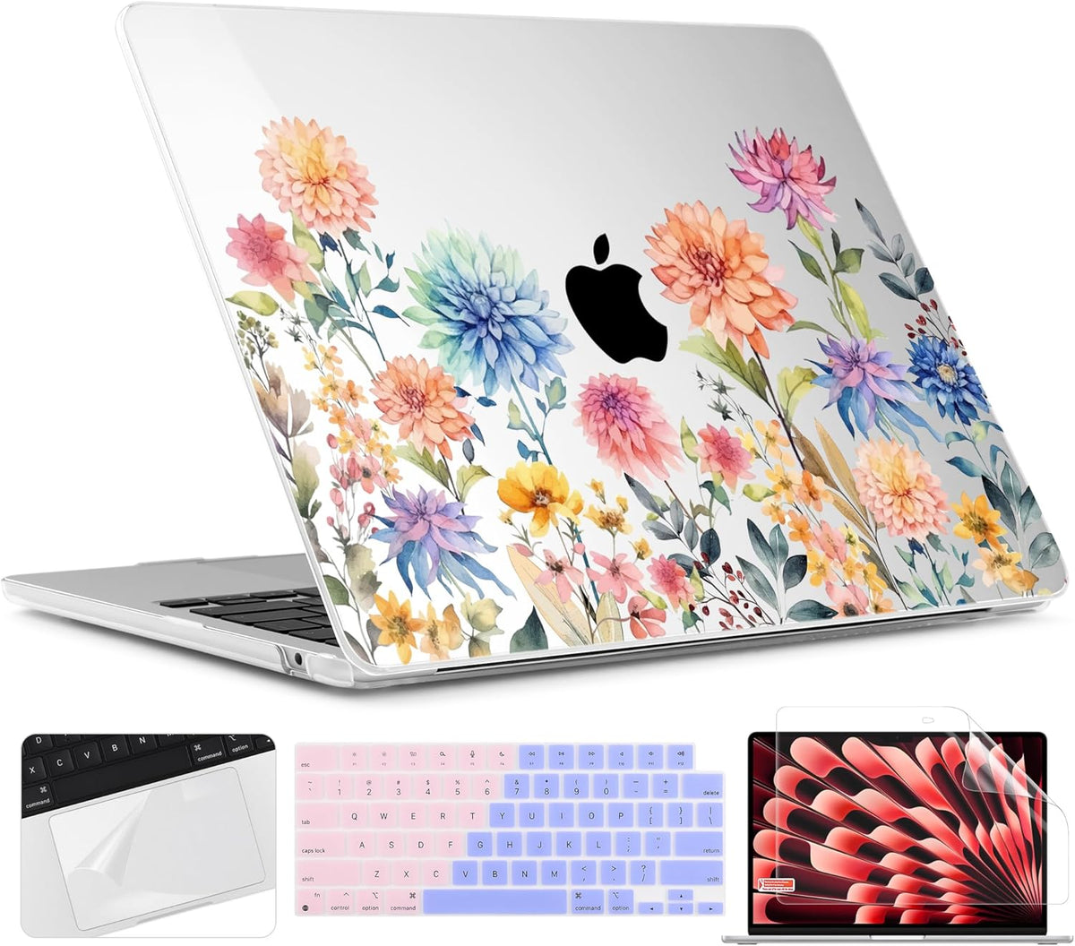 TWOLSKOO Compatible with M4 MacBook Air 15 inch Case 2025-2023 Released Model M4 A3241 M3 A3114 M2 A2941, Plastic Hard Shell & Screen Protector & Keyboard Cover & Trackpad Film, Beautiful Flowers