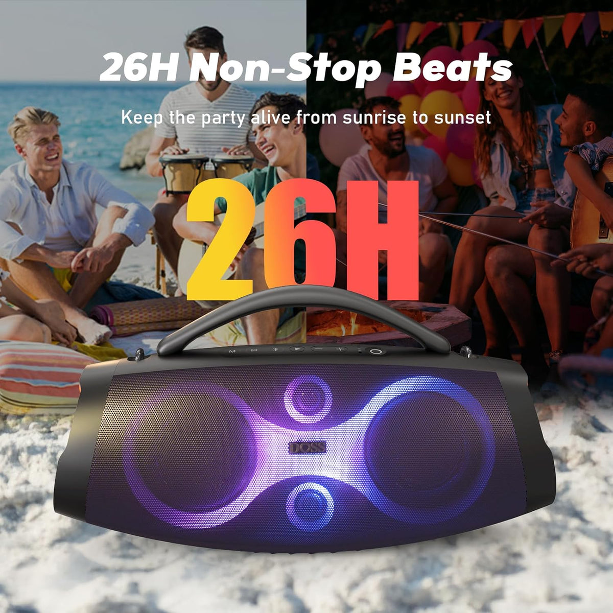DOSS Extreme Boom Pro D200 240W Peak Outdoor Speaker, Punchy Bass, 26H Playtime, Beat-Synced Light, BT5.4, Stereo Pairing, IPX6 Waterproof for Camping, Beach, Tailgate Party-Orange
