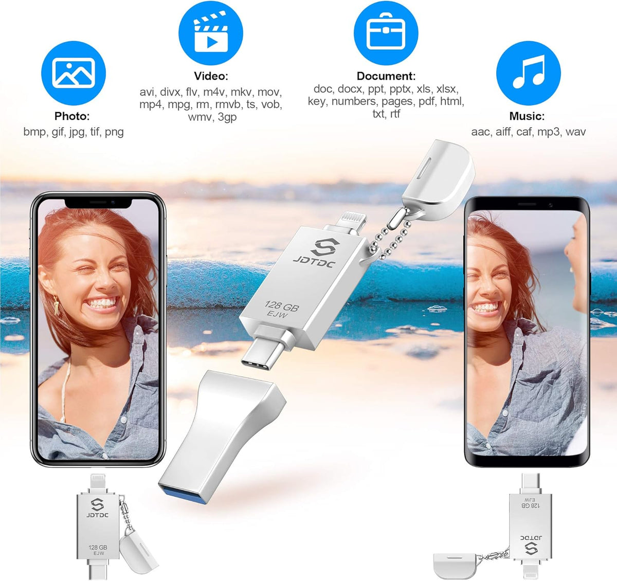 JSL JDTDC 128GB Apple MFi Certified iPhone-Photo-Stick, 3 in 1 USB C Photo-Stick-for-iPhone-USB-Flash-Drive Memory-Stick JD Thumb Drive iPhone Backup Stick for iPhone 16 15 14 13 12 iPad Android PC