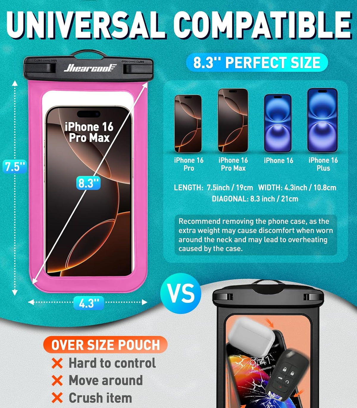 Hiearcool Waterproof Phone Pouch,Waterproof Phone Case for iPhone 16 15 14 13 Pro Max Plus up to 8.3",IPX8 Cellphone Dry Bag for Beach Cruise Travel-Bright Red-2Pack