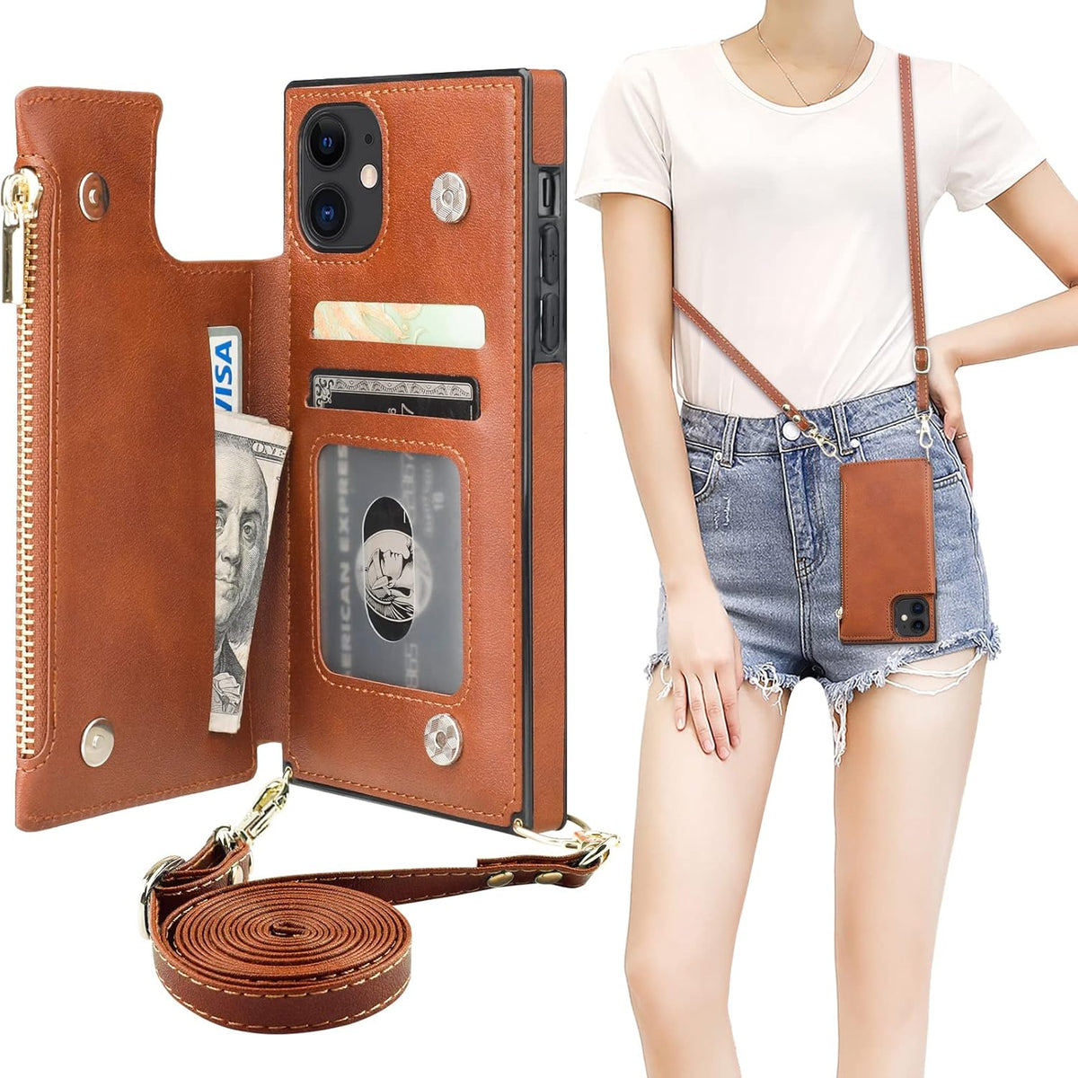 Bocasal Crossbody Wallet Case for iPhone 11 with Card Holder,Zipper Card Slot Protector Shockproof Purse Cover with Removable Cross Body Strap 6.1 Inch(Brown)