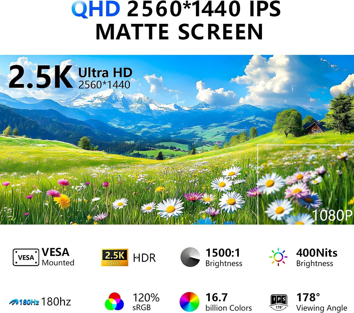 24” 2.5K 2560 * 1440 Portable Monitor 180Hz 120% sRGB USB-C HDMI Large Gaming Second Extender Display Monitor Adjustment Stand for MacBook Laptop,Camera,Desktop,PS5/4, Xbox, Switch,Phone