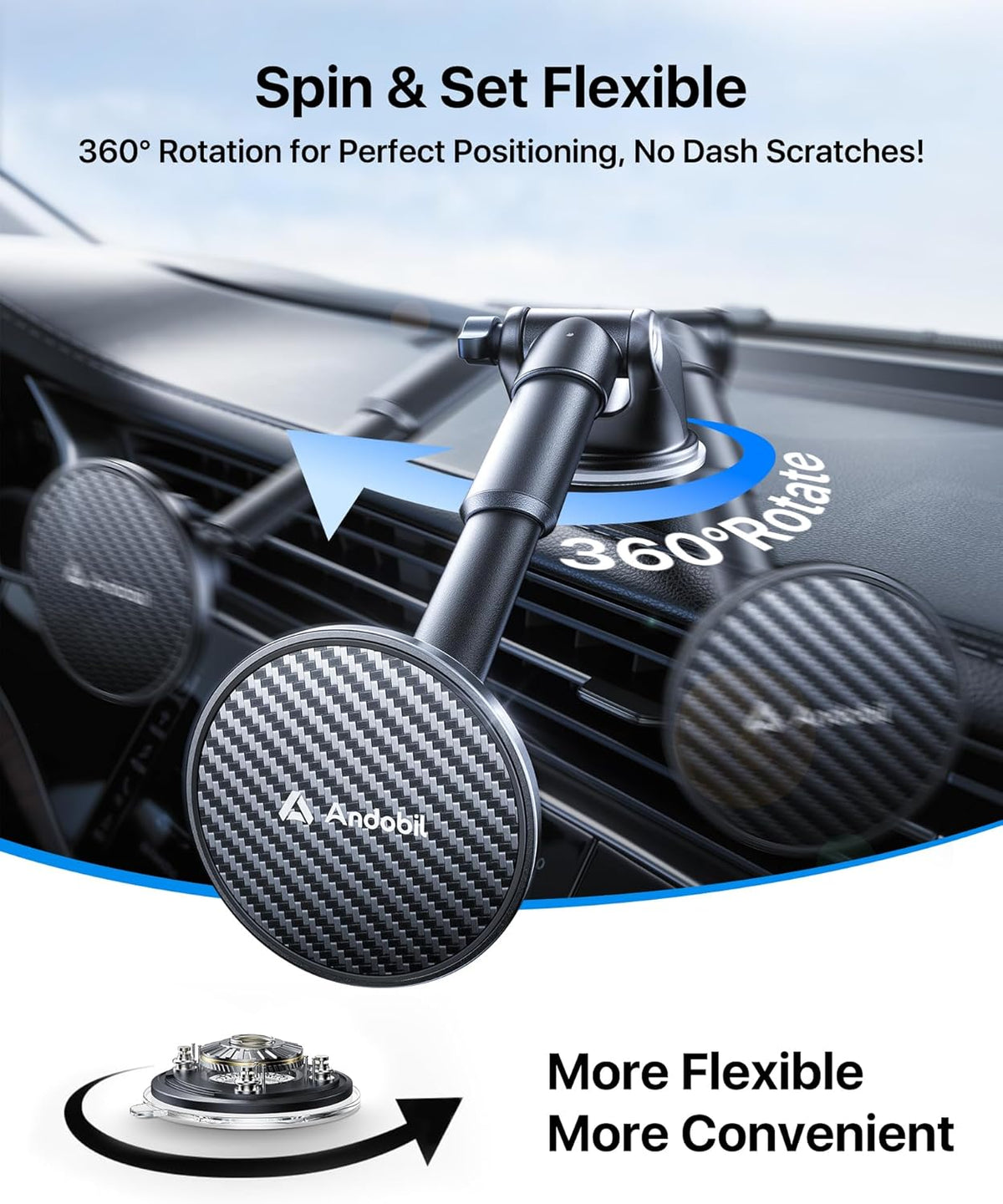 【True Military-Grade】andobil 3 in1 Magnetic Phone Holder for Car Dashboard Windshield Vent 【Upgrade Suction & Strongest Magnet】Retractable for MagSafe Car Mount for iPhone 16 15 14 13 Pro Max Sumsung
