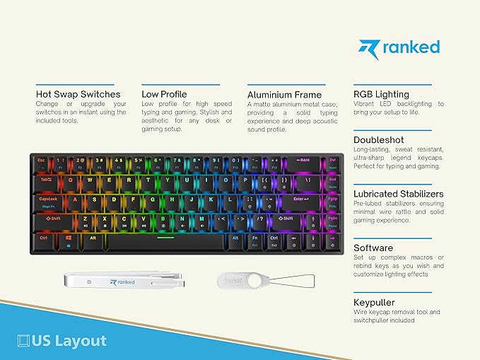 Ranked G65 Guardian 65% | Full Aluminum Frame | Ultra Slim Hot Swappable Mechanical Gaming Keyboard | 68 Keys Multi Color RGB LED Backlit for PC/Mac Gamer (Black Gateron Low Profile Red)