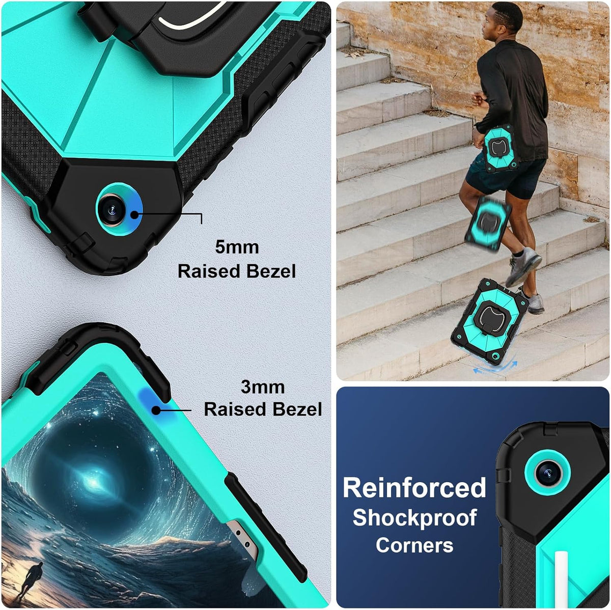Case for Galaxy Tab A9 Plus Case 11 Inch, Rugged Galaxy A9+ Tablet Case with Screen Protector 360 Rotating Stand Shoulder Strap Pen Holder, 2023 Model(SM-X210/X216/218), Black Mint