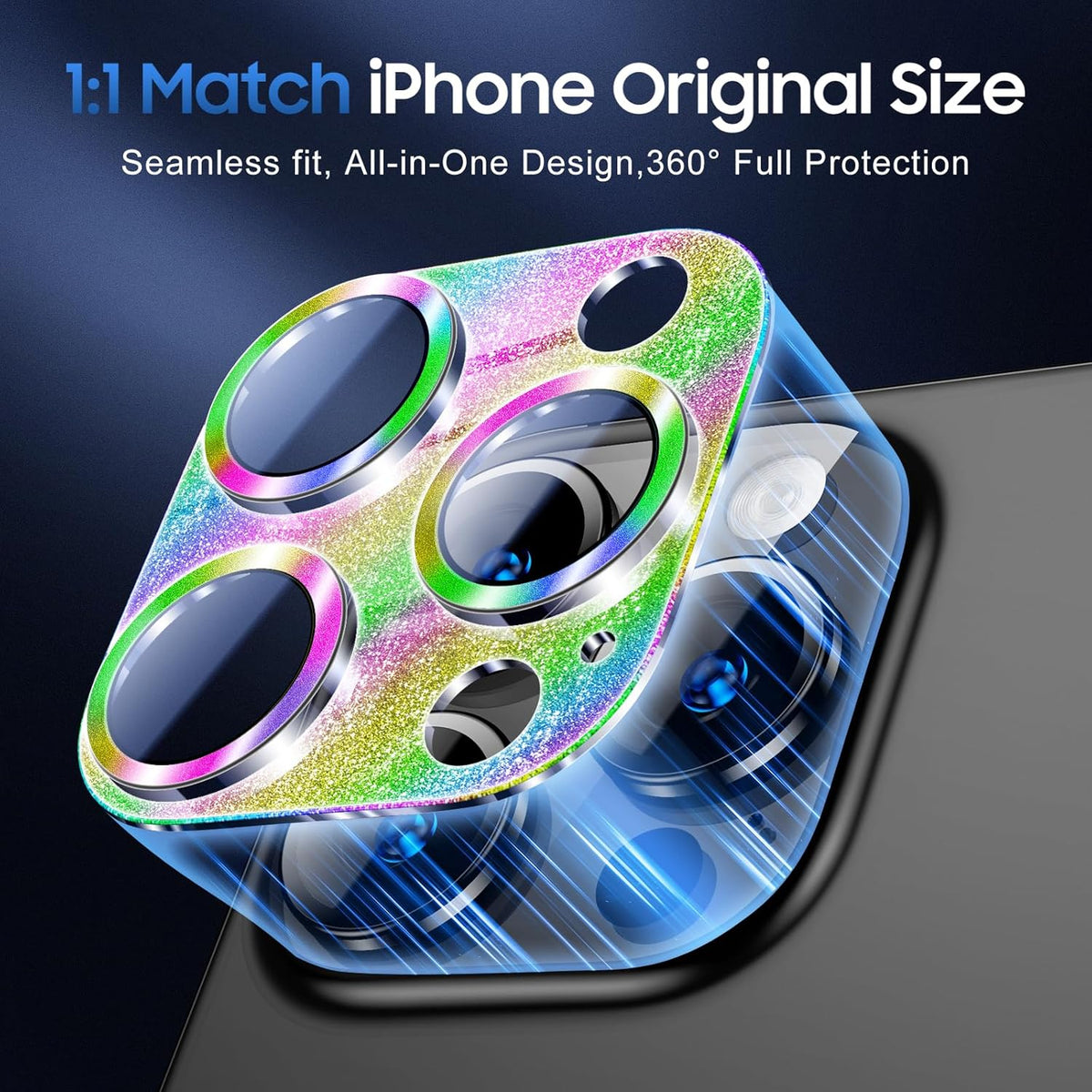 UniqueMe for 3 Pack iPhone 15 Pro/iPhone 15 Pro Max Camera Lens Protector, [Drop Protection] [Case Friendly] Camera Cover Screen [Update New Version] - Intergrated Glitter Colorful