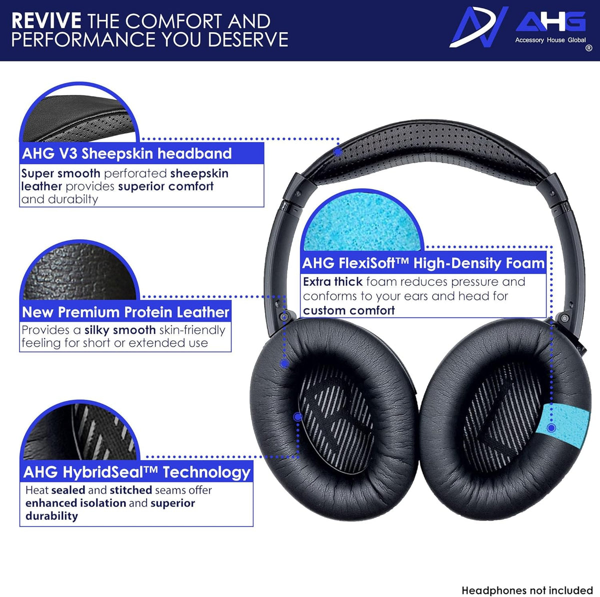 Replacement QC35 / QC35 ii earpads and QC35 Headband / QC35 ii Headband V3 pad Cushion Compatible with Bose QuietComfort 35 (QC35) and Bose QuietComfort 35 ii (QC35 ii) (AHG-QC35-COMBO-SHPSKN-HB)
