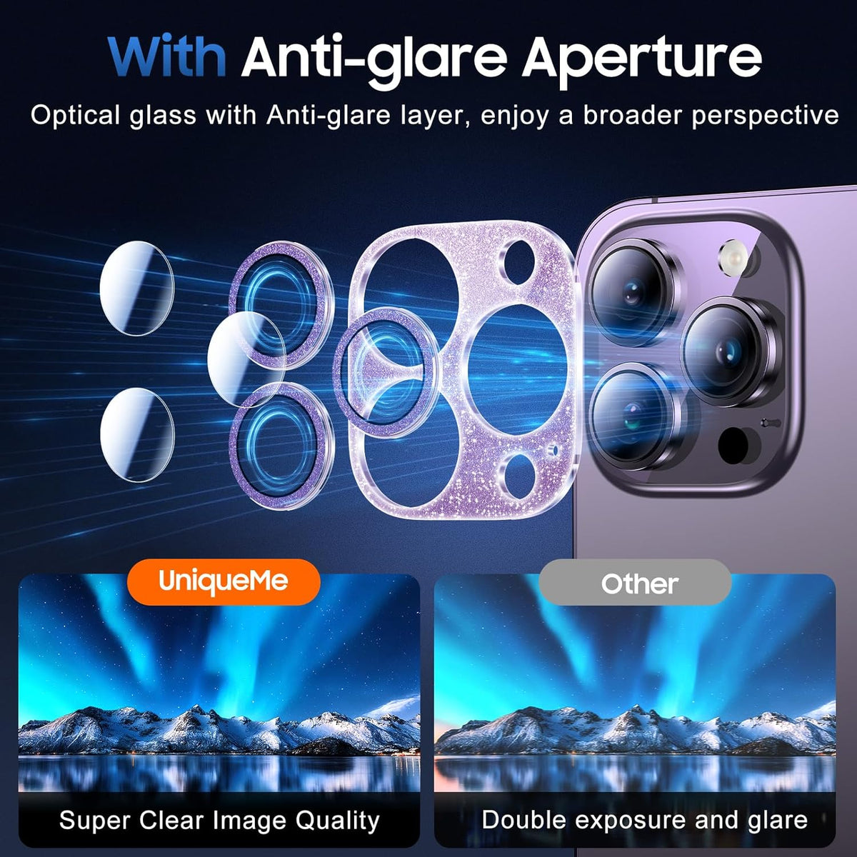 UniqueMe 3 Packs Compatible for iPhone 14 Pro Max/iPhone 14 Pro Camera Lens Protector Acrylic [Not Glass],[Case Friendly][Scratch-Resistant][Night Shooting Mode]-Glitter Purple