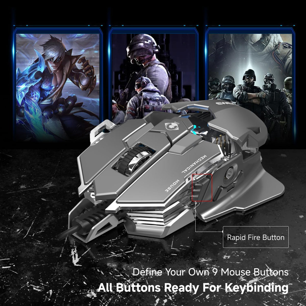 EWEADN G5 Wired Gaming Mouse, Ergonomic RGB Computer Mouse, 12800 Adjustable DPI, 9 Programmable Macro Buttons with Rapid Fire Key Compatible for PC/Laptop/Windows-Grey&White
