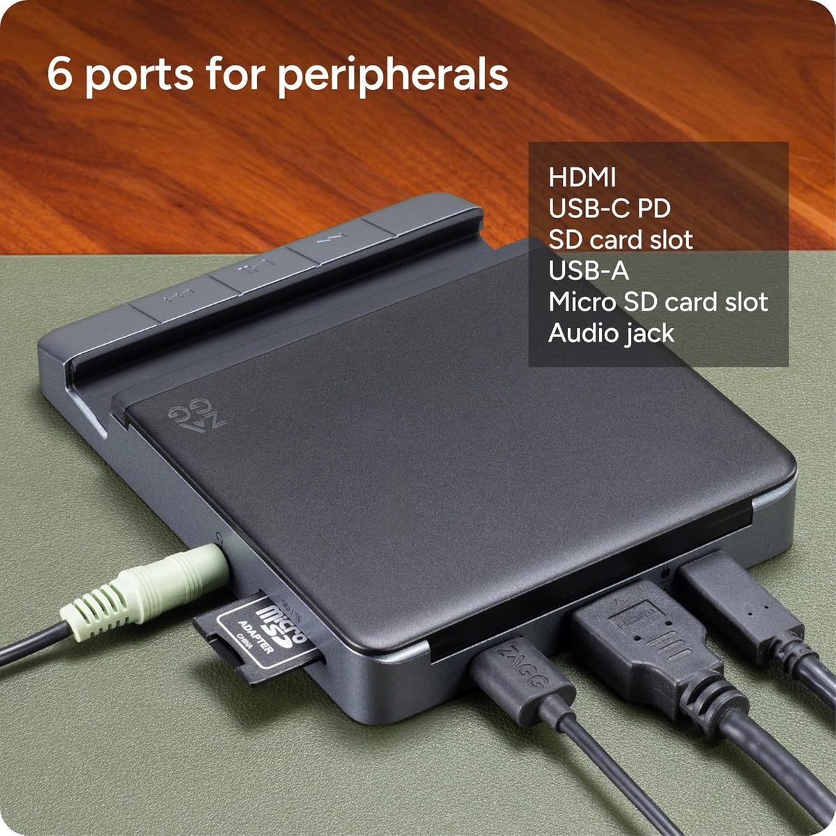 ZAGG 6-Port Media Hub – for iPad, Chromebook, Android & More – HDMI 4K 60Hz, USB-C PD 100W, USB-A 3.2 10Gbps, SD & MicroSD Card Readers, Audio Jack – Compact & Durable w/Media Buttons