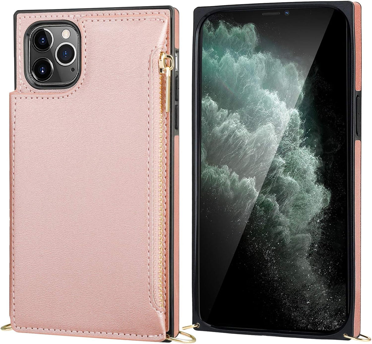 Bocasal Crossbody Wallet Case for iPhone 11 Pro with Card Holder,Zipper Card Slot Protector Shockproof Purse Cover with Removable Cross Body Strap 5.8 Inch(Rose Gold)