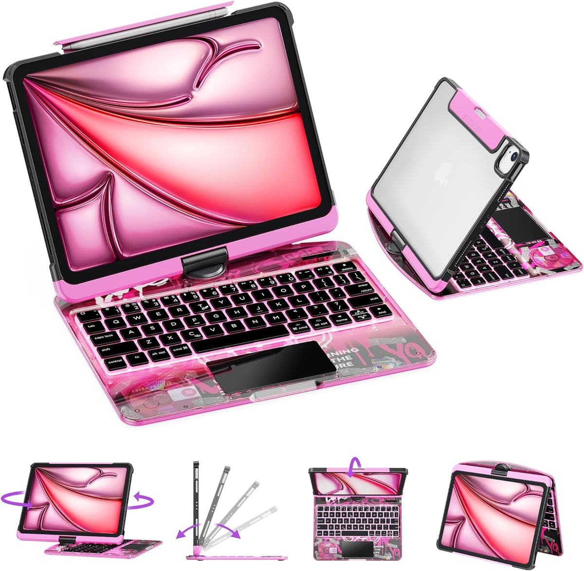 GUSGU Transparent Case with Wireless Keyboard for iPad 11th Gen 11-in.(A16, 2025), 2022 iPad 10th Gen 10.9-in, 7 Colors Backlight, Trackpad, 360°Rotating Stand, Tech Style
