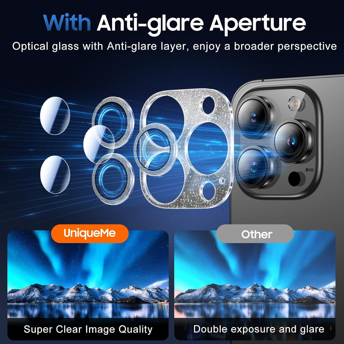 UniqueMe 3 Packs Compatible for iPhone 14 Pro Max/iPhone 14 Pro Camera Lens Protector Acrylic [Not Glass],[Case Friendly][Scratch-Resistant][Night Shooting Mode]-Glitter Black