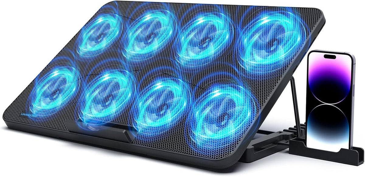 LIANGSTAR Laptop Cooling Pad, Laptop Cooler with 8 Quiet Fans for 12-17 Inch Gaming Laptop Fan Cooling Pad Stable Stand 7 Height & Wind Speed Adjustable, 2 USB Port & Phone Holder