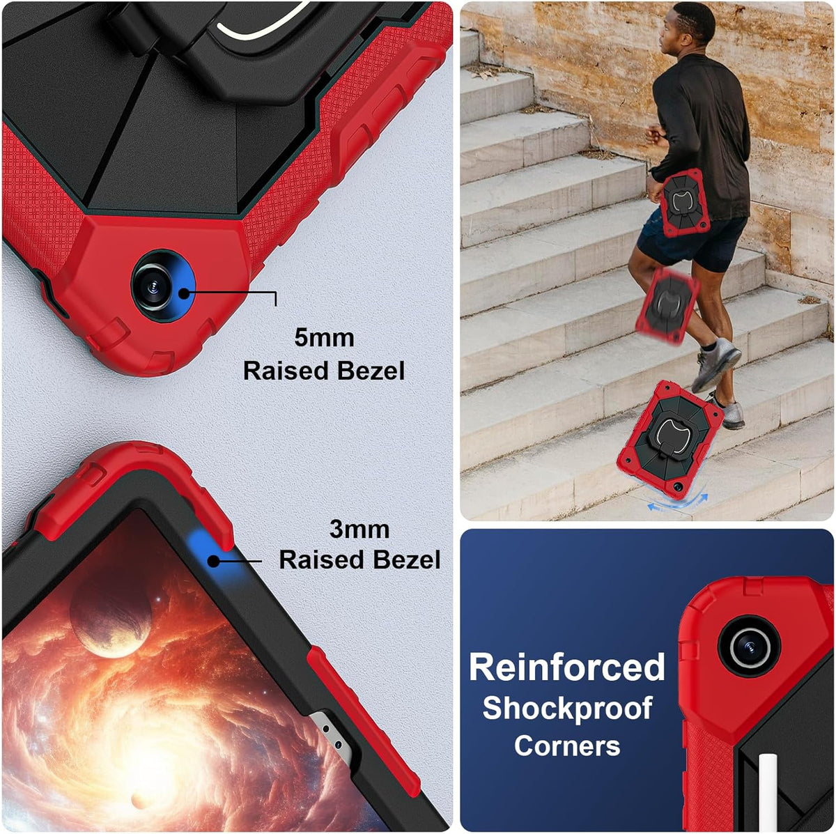 Scnoiy for Galaxy Tab A9 Plus Case 11 Inch, Rugged Case for Samsung Galaxy A9+ Tablet Case with Screen Protector 360 Rotating Stand Shoulder Strap Pen Holder, 2023 Model(SM-X210/X216/218), Red Black
